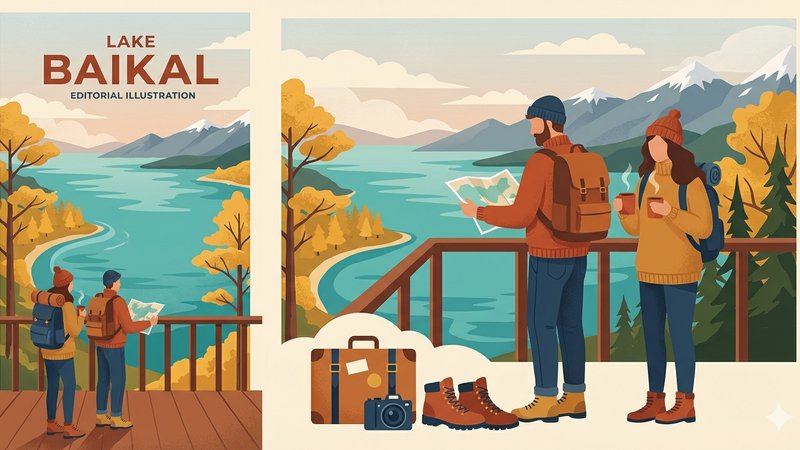 Осенний Байкал: живописный пейзаж для романтического уикенда, современная иллюстрация без текста.